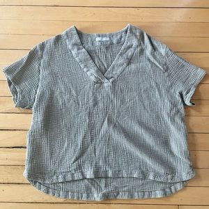 Outerknown Costa V-Neck Short Sleeve Shirt, sage color, size women’s medium